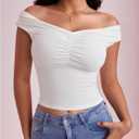 MakeMeChic Women's Off The Shoulder Ruched Short Sleeve Summer Tee Shirt Crop Tops (L)