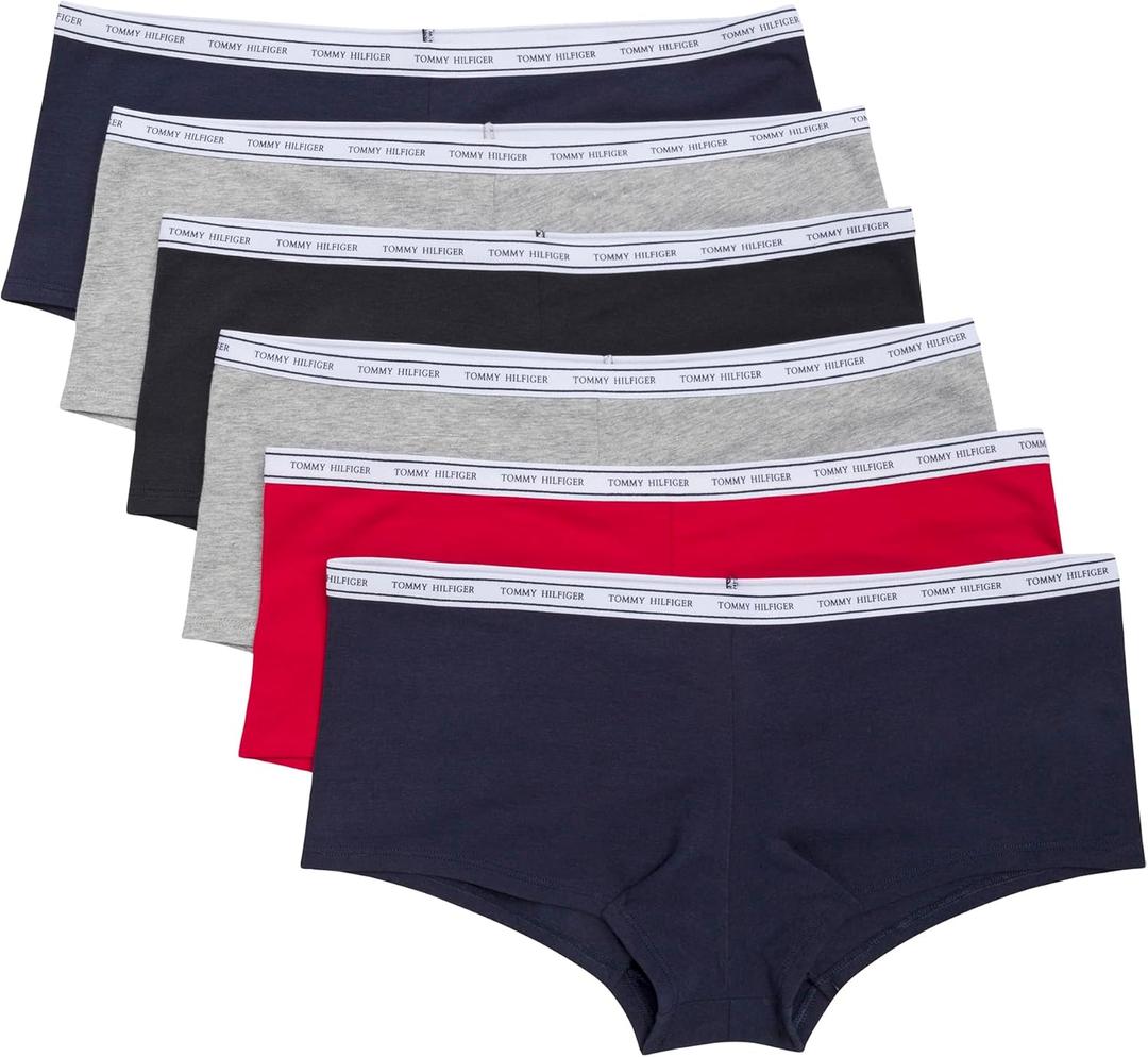 Tommy Hilfiger Women's Intimate Underwear Basics Cotton-soft Boyshort Panties, 6-pack (Large, Navy /Red /Heather Grey /Black /Heather Grey)