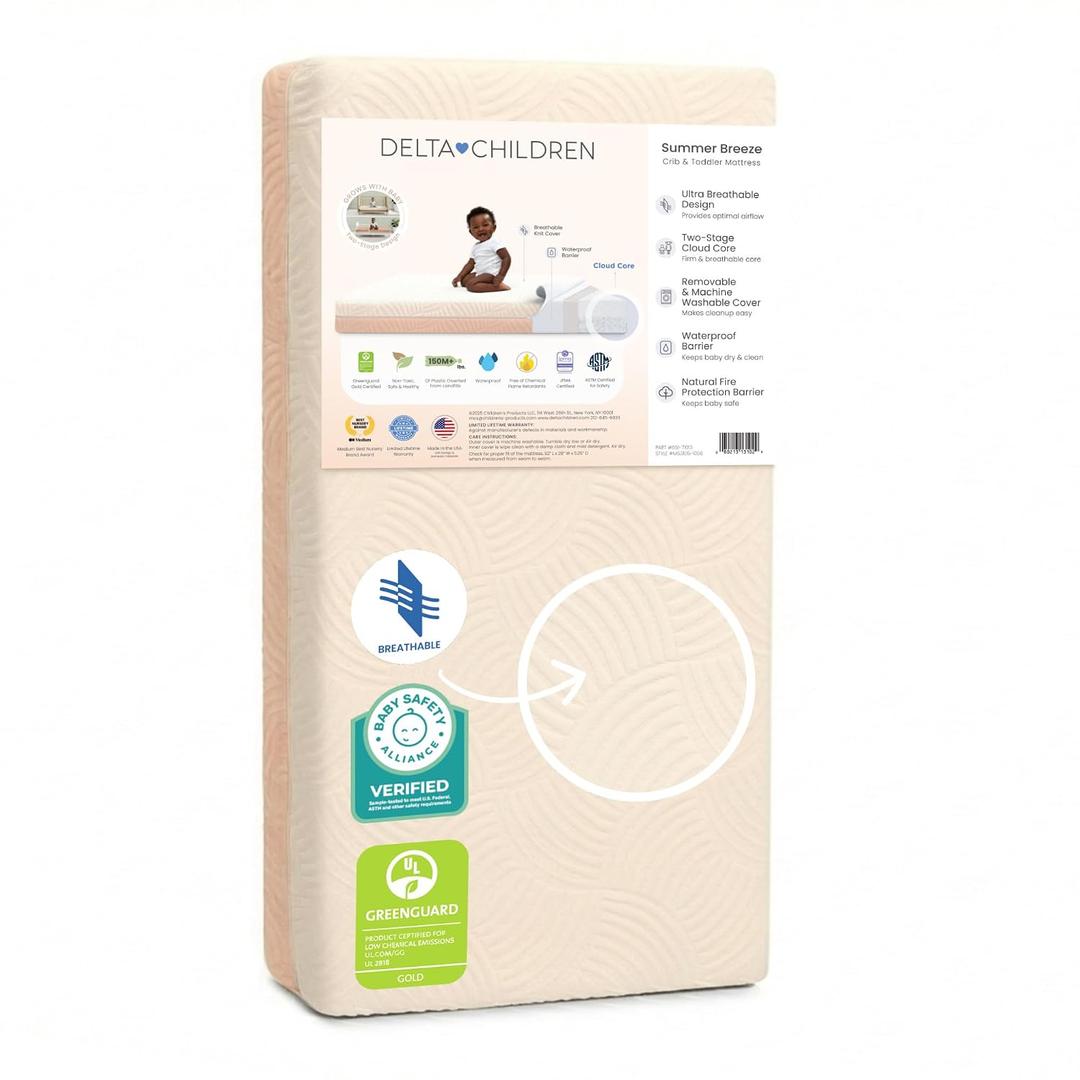 Delta Children Summer Breeze Mattress - Breathable Baby Crib & Toddler Mattress with Cloud Core - Machine Washable Cover - GREENGUARD Gold Waterproof - Sustainably Sourced Core, Apricot/White