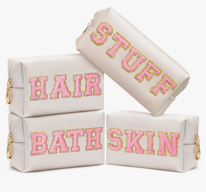 CY2SIDE STUFF Letter Makeup Bag - 4PCS Pink Stuff Hair Bath Skin Chenille Letter Patch Cosmetic Bag Preppy PU Leather Patch Pouch Waterproof Portable Zipper Travel Organizer Xmas Gifts for Women Girls
