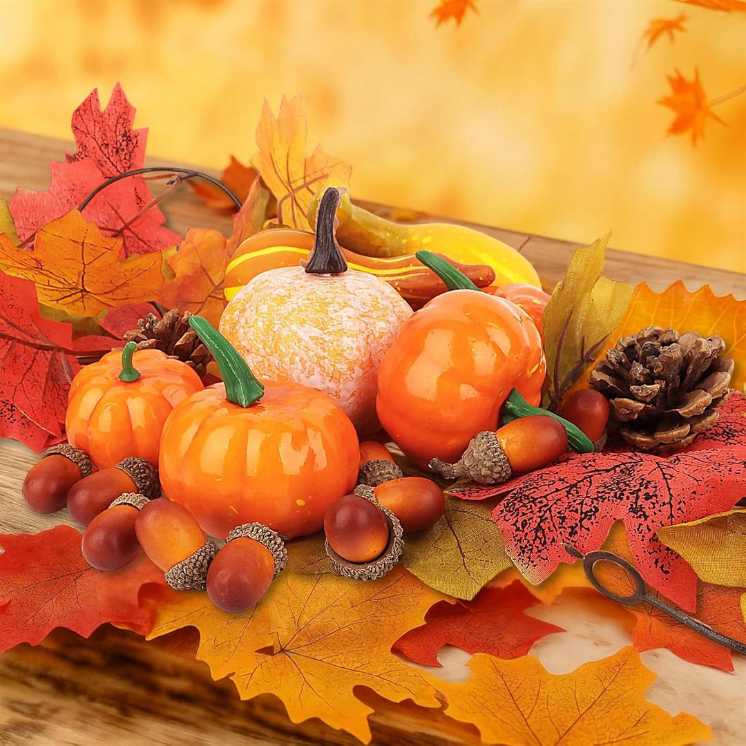 YARIEW 51 Pcs Assorted Small Artificial Pumpkins with Fake Maple Leaves Pinecones Acorns Thanksgiving Fall Harvest Decoration Set Decorations for Table Centerpiece Wreaths Wedding