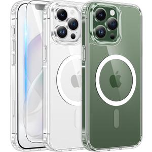 FNTCASE for iPhone 13 Pro Case: Clear Magnetic Phone Cases with Screen Protector Compatible with Magsafe Slim Anti Yellowing Rugged Shockproof Protective Transparent Cell Phone Cover (A-Clear)