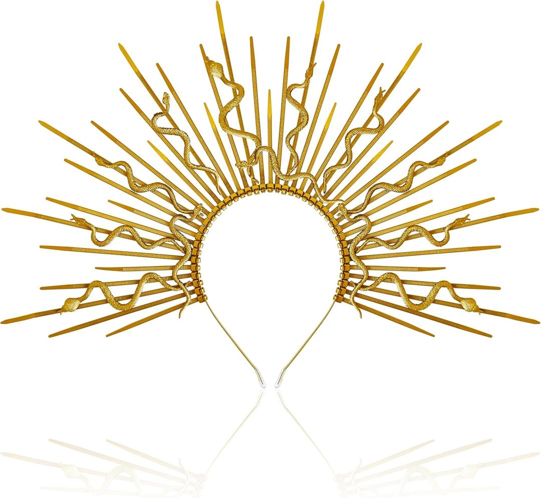Medusa Snake Halo Crown Headbands Sunburst Egyptian Snake Headpiece Snake Tiara Hairband for Halloween Cosplay Photoshoot (One Size, Gold)