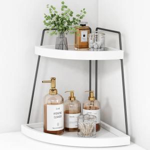 Forbena Corner Bathroom Organizer Countertop, 2Tier Sink Corner Shelf Stand for Kitchen Counter, Modern Coffee Bar Organizer Station, Round Vanity Tray for Men Desk Organization -White and Grey, 10 inches x 10 inches x 13 inches