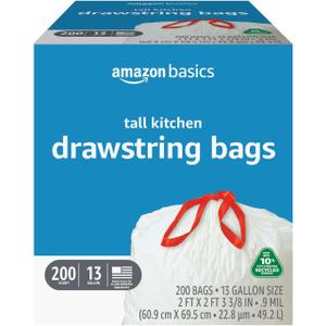 Amazon Basics 13 Gallon Tall Kitchen Drawstring Trash Bags, Unscented, 10% Post Consumer Recycled, 200 Count (1 Count (Pack of 200))