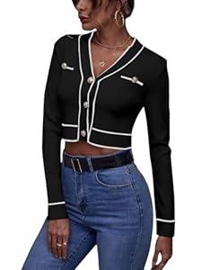 Floerns Women's Contrast Binding Long Sleeve V Neck Button Front Cardigan Outerwear Black M