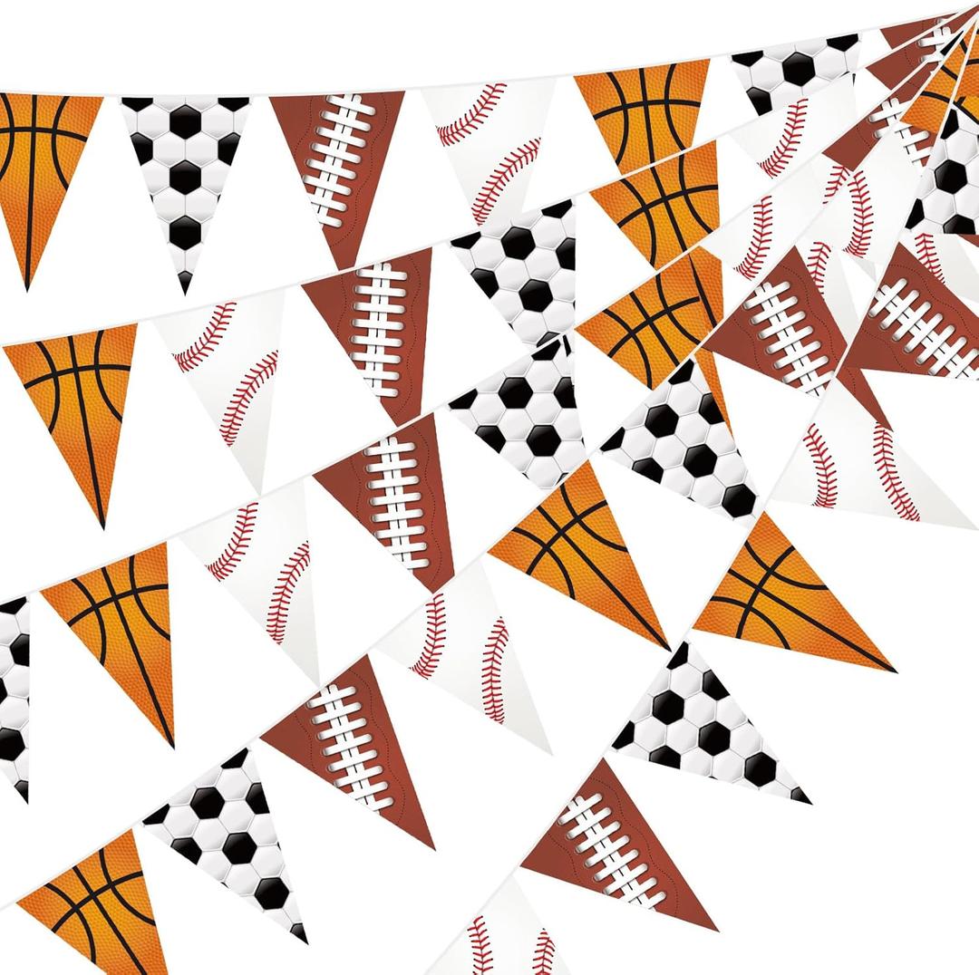 HESTYA 5 Pcs 49 Ft Sport Party Decorations Football Pennant Banner Pre-assembled Basketball Triangle Flag Bunting Garland for Baseball Soccer Birthday Party Supplies Sport Theme Decorations