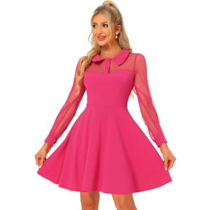 Allegra K Cocktail Party Dress for Women's Sheer Mesh Panel Long Sleeve Mini A-Line Dresses (Pink, S)
