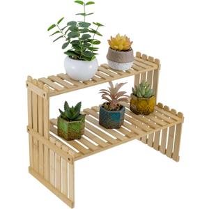 MyGift Natural Bamboo Indoor Plant Stand for Desk, 2 Tier Desktop Shelf Organizer Rack with 2 Slatted Shelves (SandyBrown)