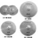 Low Volume Cymbal Pack Mute Set 14'Hihats+16"Crash+18'Crash+20"Ride 5 Pieces Silver Drummer Practice Quiet Cymbal for Drum Set