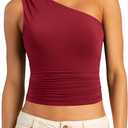 SUUKSESS Women Double Lined Going Out Trendy Crop Tops Ruched Sleeveless Shirts (Small, Burgundy)