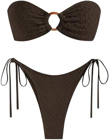 ZAFUL Women's Bandeau Bikini Strapless O Ring Lace Tie Back High Cut Two Piece Swimsuit Bathing Suits, (2-deep Brown, Medium)