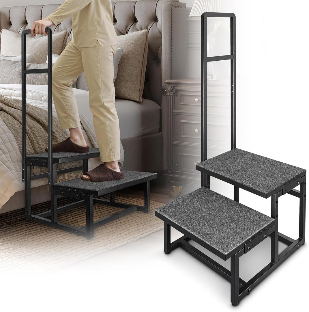 2-Step Stool with Handle for Elderly, Heavy Duty Non-Slip Step Stool for High Beds/Bathtub/Kitchen, Wide Anti-Slip Platform, Supports 450 lbs (Black)