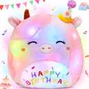 Light up Musical Happy Birthday Cow Plush Pillow,LED Stuffed Animals,Pink Cow Glowing Singing Plush Toy,Cute Plushie Doll Birthday Gift for Toddler Boys Girls,14''