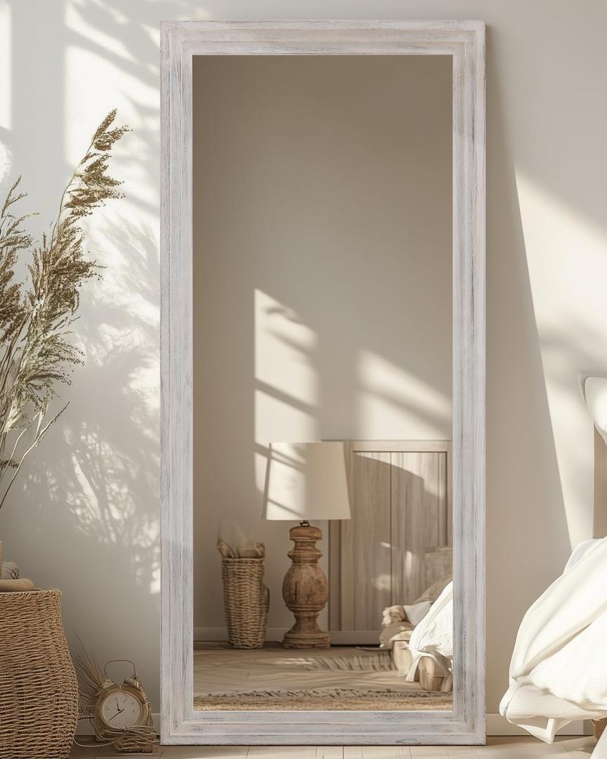 Full Length Mirror, 71"32" Wooden Mirror Full Length with Stand Wood Floor Mirror, Oversized Stand Up Mirrors Large Wall Mirrors, Wall Mounted Mirrors, Rect Vintage Style, White