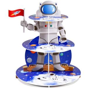 Space Astronaut Cupcake Stand Space Themed Birthday Party Decorations 3-Tier Cardboard Cupcake Holder stand Galaxy Style Dessert Tower Display for Party Supplies