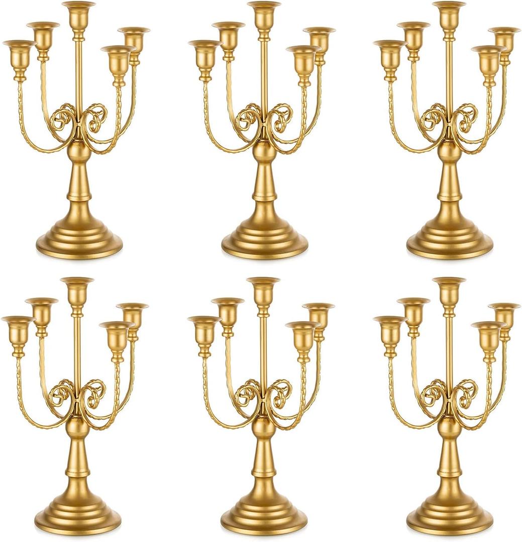 Romadedi Candelabra Gold Candle Holders - 5 Arm 11.8" Wedding Candlestick Holder for Theme Party Table Centerpiece Decor Dining Room Birthday Holiday Christmas, Set of 6