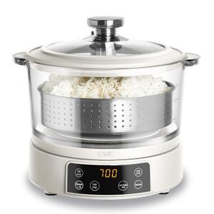 COOK WITH COLOR 3L Glass Mini Low Carb Rice Cooker  Holds 2 Cups Raw/Makes 6 Cups Cooked with Auto Lift Filter Basket, Hotpot & Steamer for Rice, Grains, Digital Panel with Keep Warm, Cream