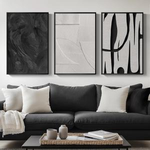 Framed Black and White Abstract Wall Art, 3 Piece Modern Canvas Prints Paintings Art for Walls, Minimalist Black White Abstract Pictures for Living Room Bedroom Dining Room Office Wall Decor 16x24 In