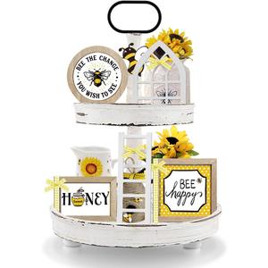 Farmhouse Bee Tiered Tray Decor Set,Interchangeable Year Round Seasonal Decorations Spring Decorations for Home Decor Wooden Frames + Mini Arch + Ladder, NO TRAY