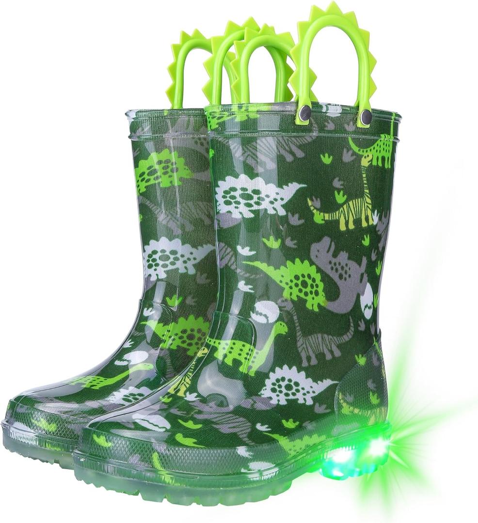 Funspread Toddler Kids Rain Boots - Light Up Boys Rainboots Boots Waterproof Lightweight Outdoor Shoes with Easy-On Handles, Green 13 Little Kid