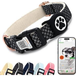 WhoseID Dog Collar with Waterproof AirTag Holder & Anti-Lost QR Code, Cute Bling Warpping Adjustable Width for Small Medium Large Pet (Black, L)