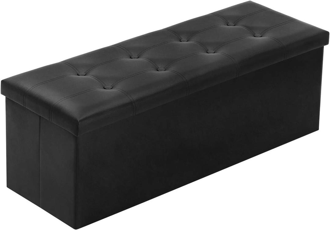 YOUDENOVA 43 Inches Folding Storage Ottoman Bench, 120L Storage Chest Foot Rest, Bedroom Ottoman Bench with Storage, Faux Leather Black, 15"D x 43"W x 15"H