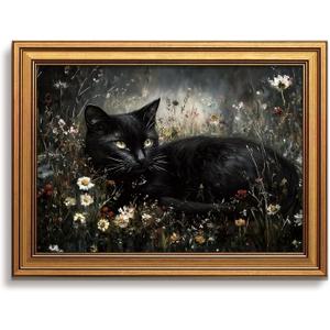 Vintage Gold Framed Black Cat Wall Art Dark Cottagecore Painting 12x16 Inch