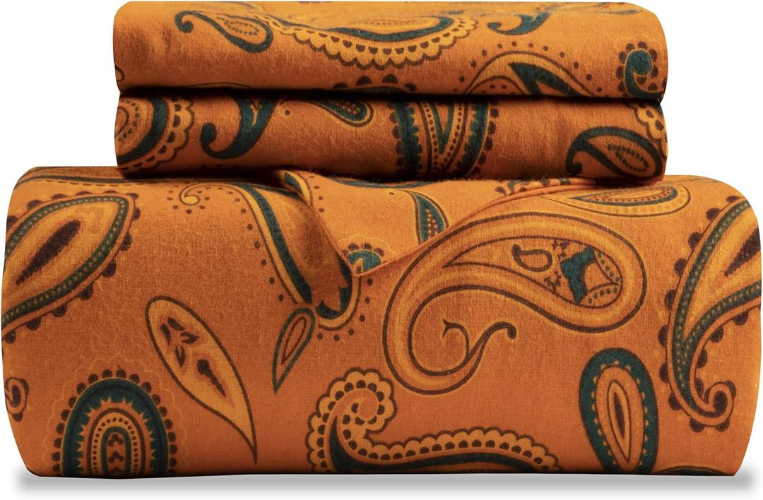 Superior Paisley Flannel Cotton Duvet Cover Set, Warm Fuzzy Comforter Cover, Floral Bedding Essentials, Secure Button Closure, Includes 1 Duvet Cover, 2 Pillow Shams, King/California King, Pumpkin