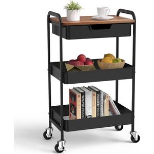 3 Tier Rolling Cart with Drawer, Metal Utility Cart on Wheels Storage Cart with Wood Top, Kitchen Cart Art Cart Organizer for Bathroom Office Balcony Living Room (Black)
