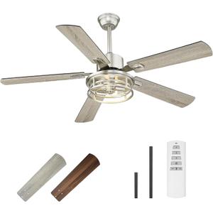 TENGXIN 52 Inch Farmhouse Ceiling Fan - Industrial Ceiling Fans with Light and Remote Control,Brushed Nickel Ceiling Fan with 5 Reversible Blades,TXCF-BN001