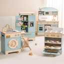 ROBOTIME Wooden Play Kitchen, Toddler Kitchen Playset with Oven, Fridge & Washing Machine, Kids Kitchen Playset Gift for 3+ Year Old Boys & Girls, Small