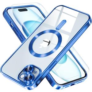 Misea Magnetic for iPhone 15 Case Compatible with MagSafe [Never Yellowing] [Military Grade Drop Protection] Full Camera Lens Protector Plating Soft Clear Phone Case for Women, Deep Blue