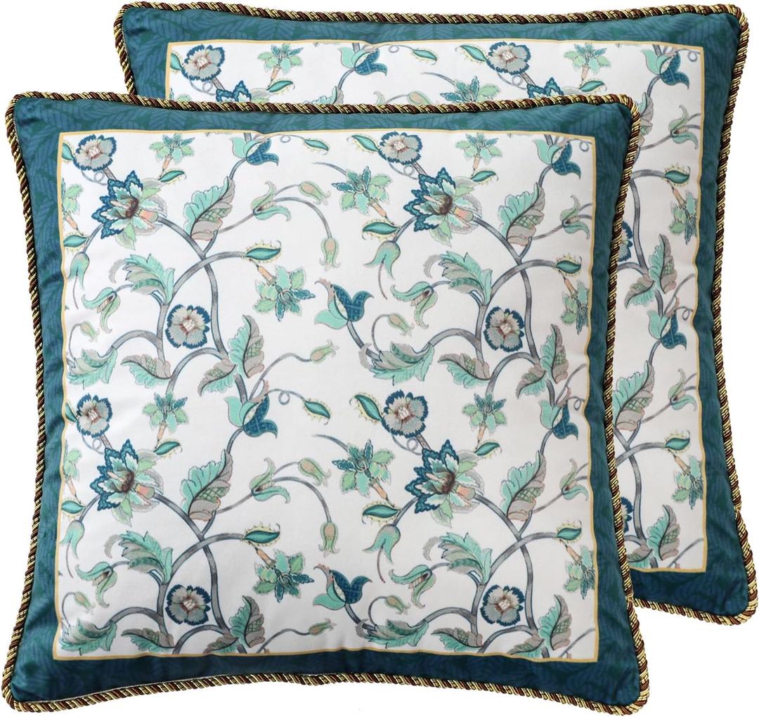 patdrea Designer Classy Throw Pillow Covers 18x18 Inch, Green Elegant Velvet Faux Embroidery Vine Floral Pattern, Decorative Square Pillowcases Cushion for Bed Living Room Outdoor Car, Pack of 2