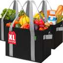 Reusable Grocery Bags (3 Pack ) - Heavy Duty Eco Tote Bags with Box Shape to Stand Up, Hold Up to 65 Lbs - Stay Open & Fold Flat - Foldable Reusable Shopping Bags with Long Handles & Hard Bottom (Black)