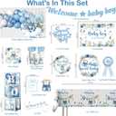 cocomigo 260PCS Baby Boy Baby Shower Decorations All-in-One Set with Baby Boy Balloon Arch, Tableware, Advice Cards, Cake Topper, Balloon Box, Backdrop, Sash, Corsage, Etc. Serves 20