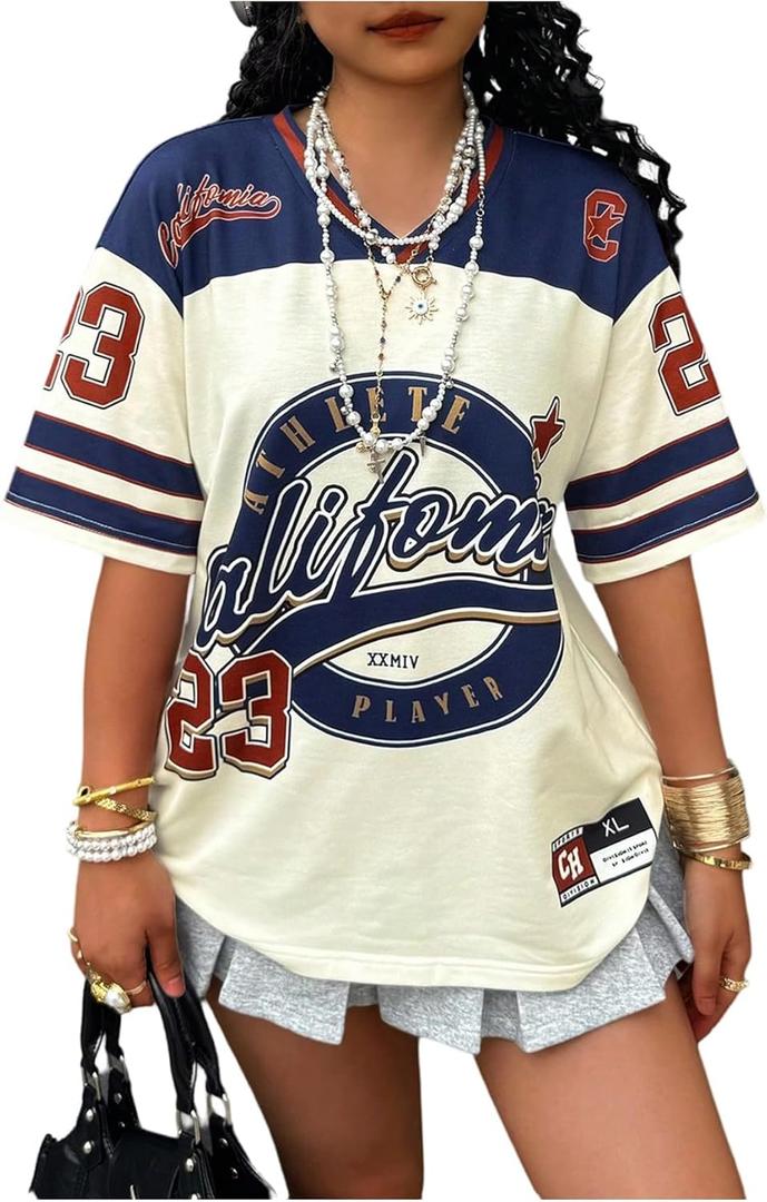 Women's Jersey Shirts Graphic Color Block Racing T Shirt Short Sleeve Crewneck Preppy Tee Tops Vintage Y2K Clothes (5X-Large Plus, Beige)