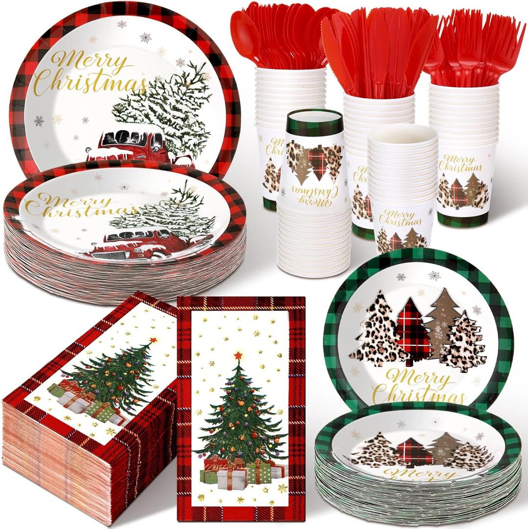 Sinmoe 400 Pcs Winter Dinnerware Set Disposable Winter Plates and Napkins Set Serve 50 Christmas Paper Dinner Plates Napkins Cup Christmas Party Supplies for Holiday(Red, Green,Xmas Tree)