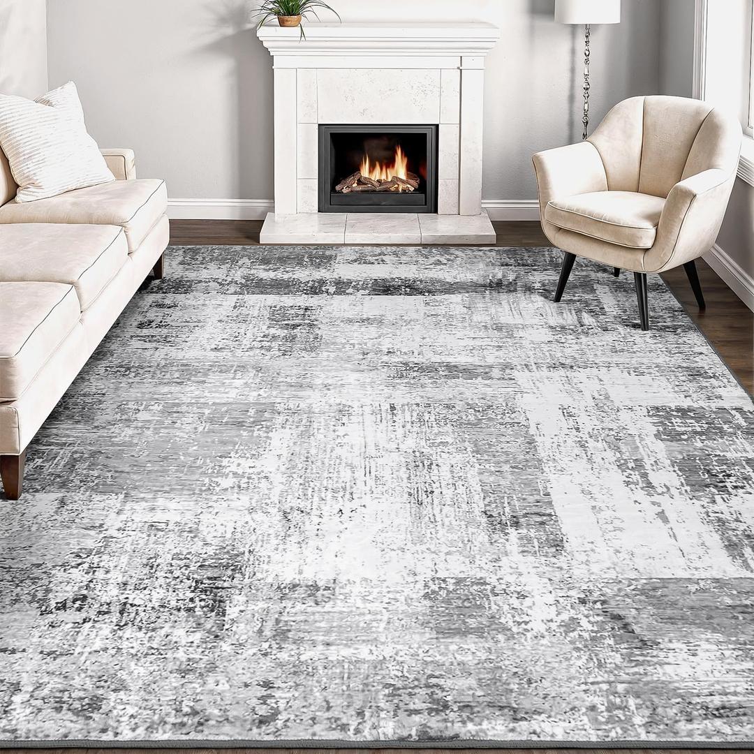 Rugflix 8x10 Large Area Rugs for Living Room, Abstract Washable Rug, Non-Slip, Stain Resistant, Soft Low Pile Carpet, Indoor Grey Rug for Bedroom, Dining Room, Home Office