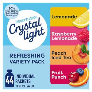 Crystal Light Refreshing Drink Mix Variety Pack, 44 Packets, for Convenient Hydration, Lemonade, Raspberry Lemonade, Peach Iced Tea, Fruit Punch, Natural and Artificial Flavor, Zero Sugar, 4.18 oz, BBD: 04/03/2028
