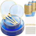 DaYammi 175PCS Clear Blue Gold Plastic Dinnerware Set for 25 Guests, Hammered Disposable Plates for Party, Include: 25 Dinner Plates, 25 Dessert Plates, 75 Gold Silverware, 25 Napkins, 25 Cups