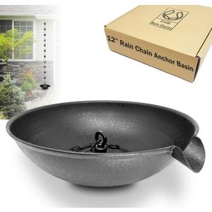 12" Spill Bowl Catch Basin for Rain Chain Anchoring & Stake | Rainwater Collection for Roof Gutter Downspout | Good For Water Fountain & Birdbath | Black | Works with Rainchain | Handles Heavy Rain