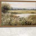 Framed Canvas Wall Art – Spring River Landscape with Wildflowers Painting, Vintage Decor, Farmhouse Wall Decor for Home, Office, Bedroom, Living Room Decor 16x24in