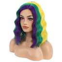 BERON 14 Inches Mardi Gras Colored Wig Short Curly Wig Purple Yellow Green Wigs for Women Daily Party or Cosplay Hairnet Include
