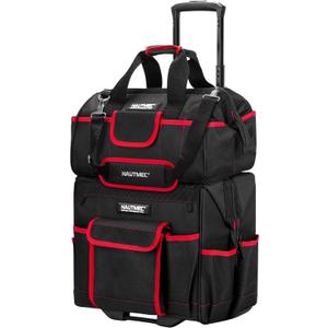 HAUTMEC 2-Piece Rolling Tool Bag Set, 15" Wheeled Tool Bag & Wide Mouth Tool Tote, Heavy-Duty Tool Storage Organizer with Durable Off-Road Wheel, Steel Telescoping Handle & Shoulder Strap HT0288