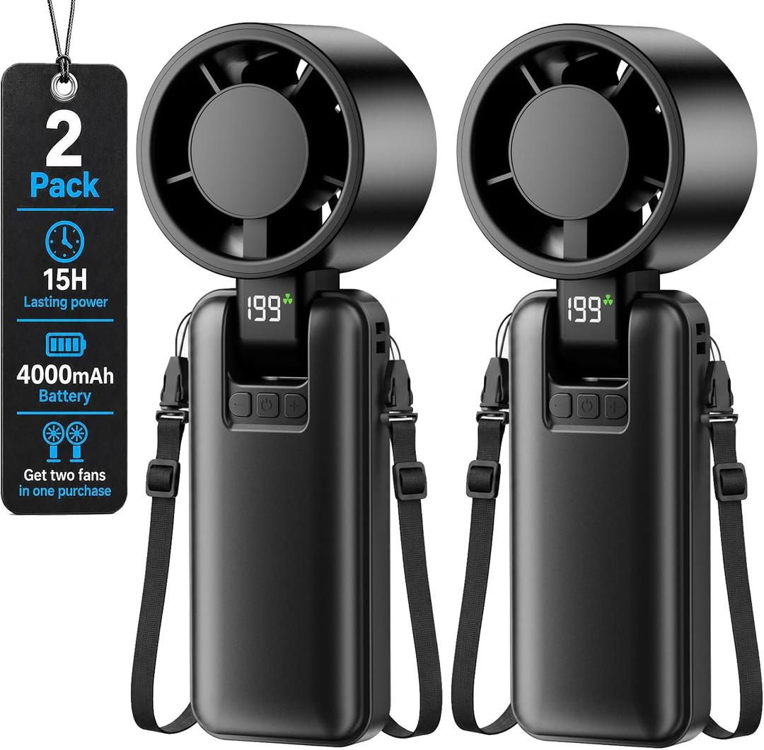 2 Pack Portable Mini Handheld Fan, 199-Level Stepless Speed,Black | 4000mAh Rechargeable Battery, Quiet, LED Digital Display, Personal Cooling Turbo Fan for Travel, Office, Makeup & Concerts, Small