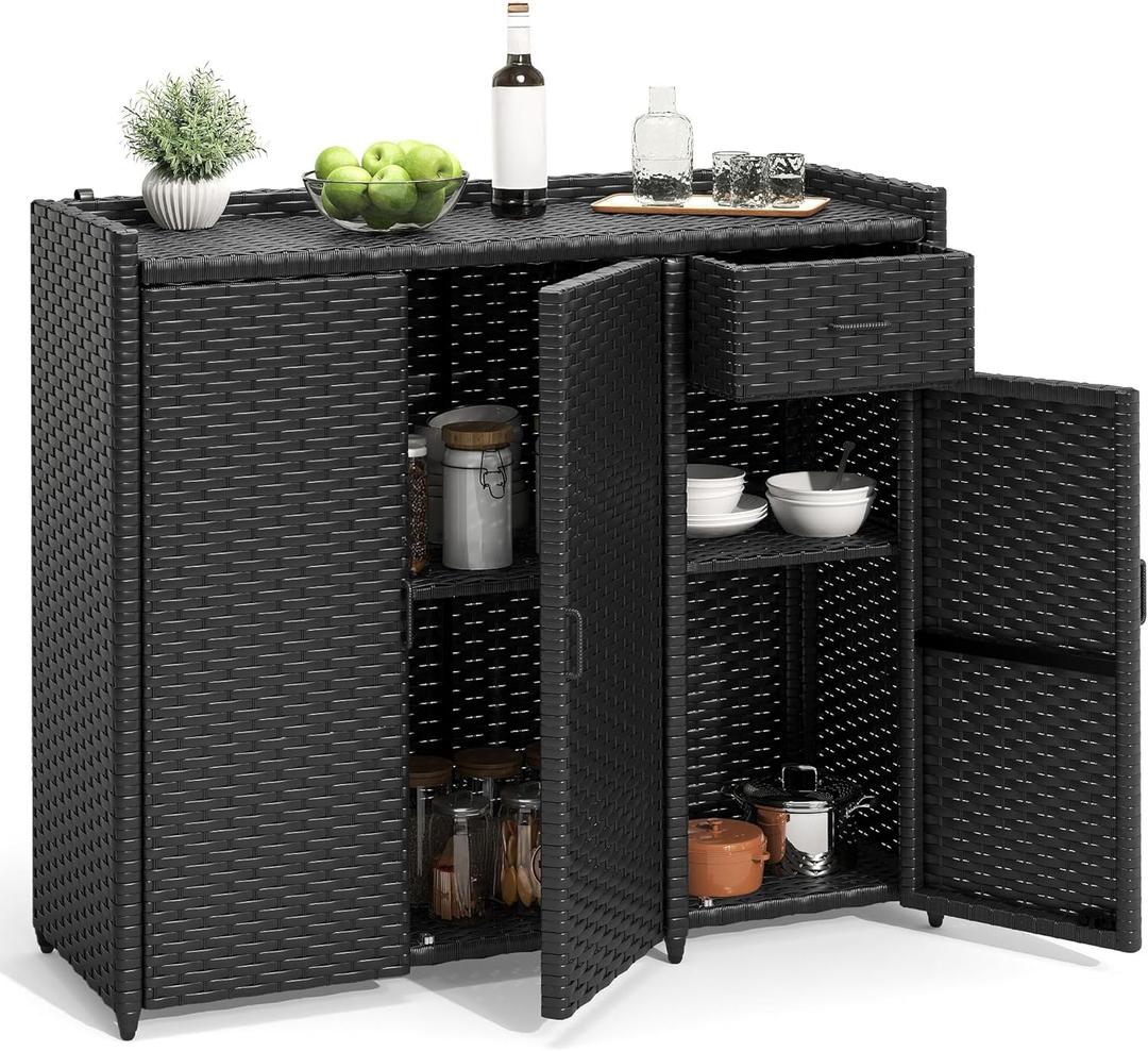 YITAHOME Outdoor Storage Cabinet, Weather-proof Rattan Bar Table with Two Doors, Adjustable Shelves & Foldable Drawer, Wicker Patio Storage Box for Outdoor Cushions, Pool Tool and Garden Tools - Black
