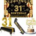 31st Birthday Decorations Men Women with 31st Birthday Banner, Black and Gold Table Cloth, Number Balloons, Large Sash, Cake Topper and Candles