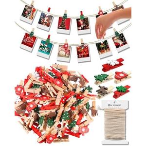 Wooden Clips, Tiny Clothes Pins for Photos, Christmas Small Clothespins Decorative Colored Close Pins for Crafts Picture Cards Hanging, 50 PCS with 33FT Hemp Rope