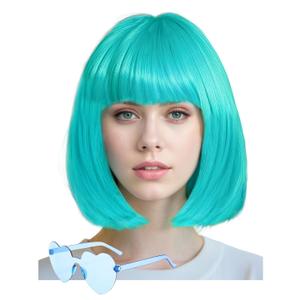 Wig and Sunglasses 12 Inch Short Bob Wigs with Bangs for Women Costume Cosplay Party (Turquoise)